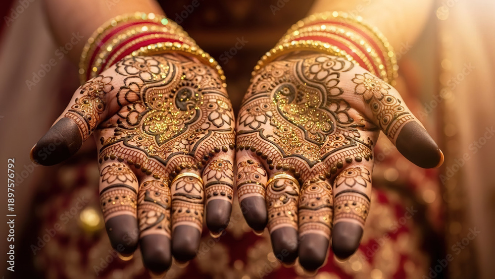 Fototapeta premium Intricate henna designs on hands with gold accents