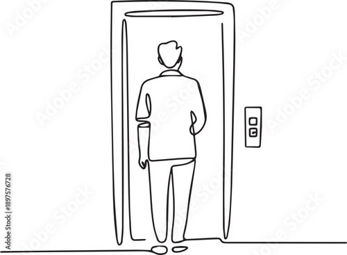 Man standing in an elevator doorway with a simple line drawing style