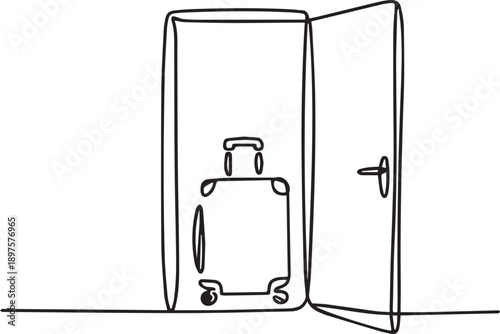 Simple line art of a suitcase inside an open wardrobe viewed from the front