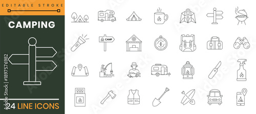 Camping line icons set editable stroke outdoor adventure linear pictograms for web and mobile