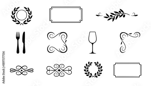 Set of calligraphic dividers floral laurel wreaths and dining icons including cutlery and wine glass for vintage invitation or certificate template