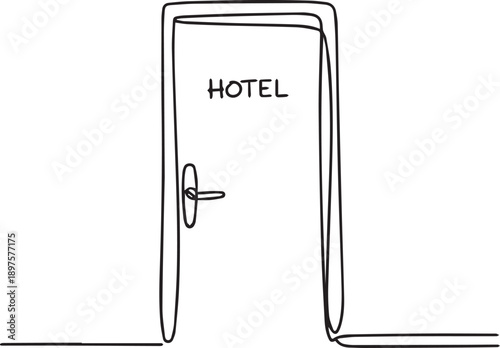 A simple black line drawing of a hotel door with a handle viewed from the front