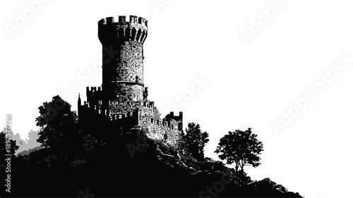 Detailed Medieval Castle Tower Black Silhouette for Vector Art and Illustration