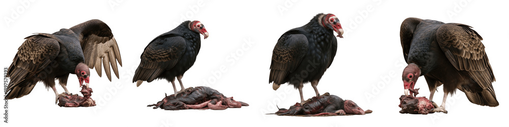 Fototapeta premium Set of 4 Turkey Vultures Collection, Scavenging on Prey, Group of Red-Headed Vultures (Cathartes aura) Feeding Poses, Isolated on White Transparent PNG Background
