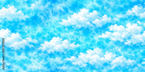 A beautiful blue sky with fluffy white clouds and bright sunlight creates a clear summer cloudscape across the nature atmosphere on a bright day