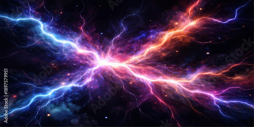 An abstract space background featuring electric blue fractal motion and glowing plasma energy across a dark night galaxy nebula for a high-tech science fiction wallpaper design