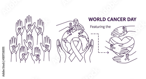 Hands hold up the world globe, supporting a cancer ribbon.