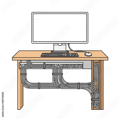 Ergonomic wooden desk setup featuring a computer monitor, keyboard, mouse, and organized cables in a neat workspace.