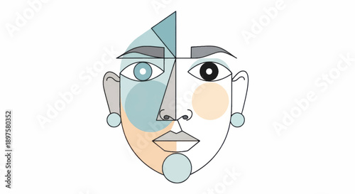 Dual Abstract Portrait Illustration with Intersecting Faces and Colors.