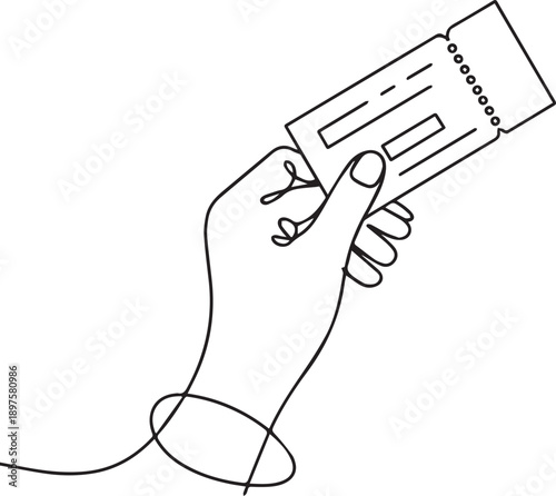Hand holding a ticket with fingers wrapped around it, illustration, close-up view