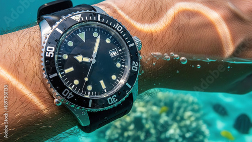 Underwater diver with analog watch on wrist, clear water