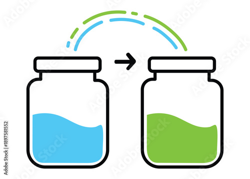 Illustration showing chemical reaction or exchange between two substances in jars with arrow