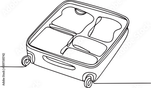Line art illustration of a suitcase with compartments on wheels on the ground viewed from above