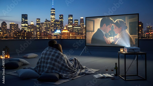 Couple Watching Movie Under City Skyline at Night