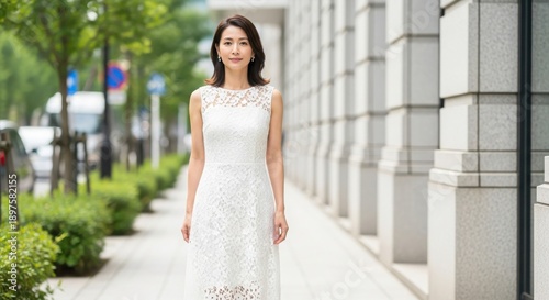 都会の街並みを歩く白い総レースのロングドレスを着た日本人女性 全身