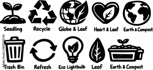Black eco icons set with seedling recycle globe leaf heart trash bin refresh lightbulb and compost symbols simple vector design