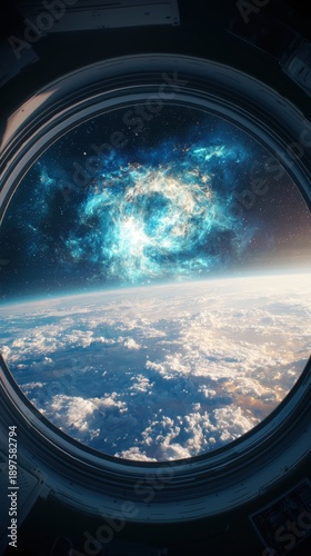 View from a spaceship window looking out at Earth and a vibrant blue nebula in deep space, showcasing a breathtaking perspective of our planet and the cosmos.