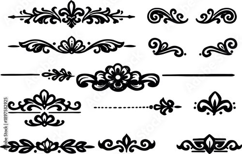 Collection of classic black ornamental floral border elements and elegant decorative vector dividers in vintage style set