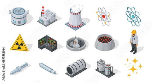Isometric set of nuclear power plant symbols and elements for design