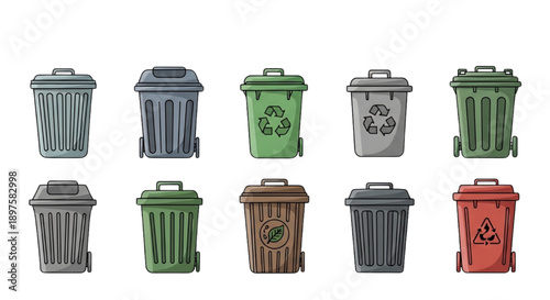 Diverse Set of Illustrated Recycling Bins and Trash Cans for Waste Segregation and Environmental Responsibility