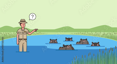 A Curious Ranger Consults a Pod of Hippos In a Serene Wetland Environment