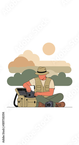 Adventure Photographer Preparing Gear For Expedition Capturing Nature