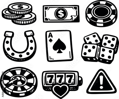 Black and white vector icon set of gambling symbols with dice, poker chip, horseshoe, playing card, slot machine and warning sign