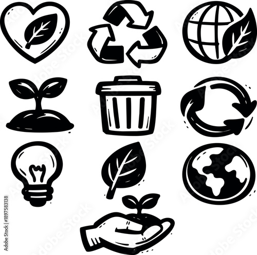 Hand drawn black and white eco friendly icons with recycling, earth, plant, light bulb, and trash bin symbols in bold vector style