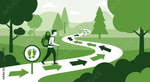 A Hiker Navigates A Winding Path Marked With Directional Arrows