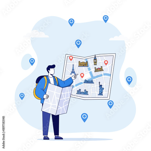 Adventure Planning Man With Map Navigating Global Landmarks And Destinations