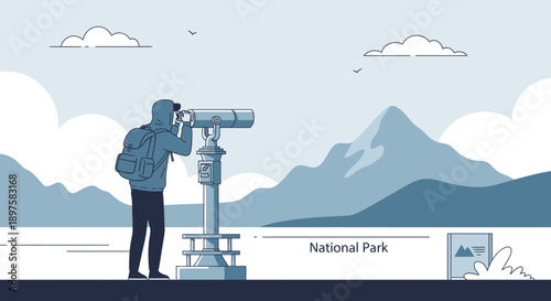 A Hiker Gazes Through a Binoculars at a Majestic Mountain Landscape in a National Park