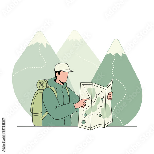 Adventurer Consulting Expedition Map Amidst Verdant Mountain Scenery