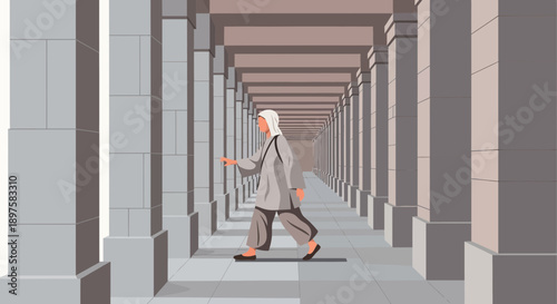 A Person Walking Through An Architectural Colonnade With Leading Lines
