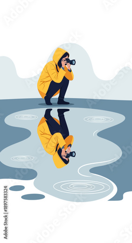 A Photographer Captures Their Reflection In A Puddle During A Gloomy Day