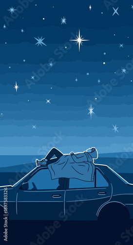 A Serene Night Under A Starry Sky With A Person Relaxing On A Car