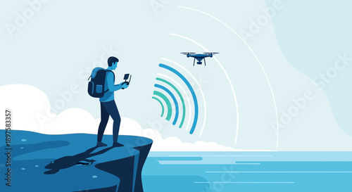 Adventurer Controls Drone Over Coastal Cliff With Ocean View