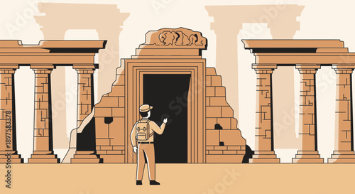Adventurer Discovering Ancient Temple Ruins And Hidden Entrance
