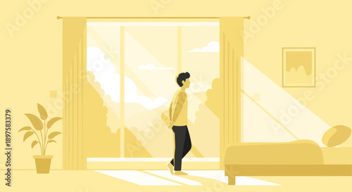 A Solitary Figure Gazes Out A Sunlit Bedroom Window Contemplating
