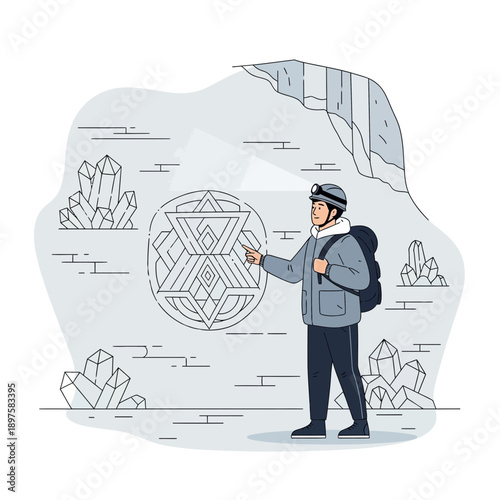 Adventurer Discovering Ancient Cave Symbol And Crystal Formations