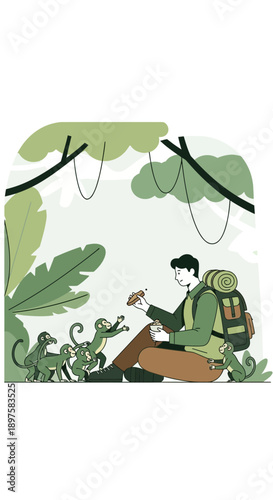 Adventurer Interacts With Curious Monkeys In Lush Jungle Setting