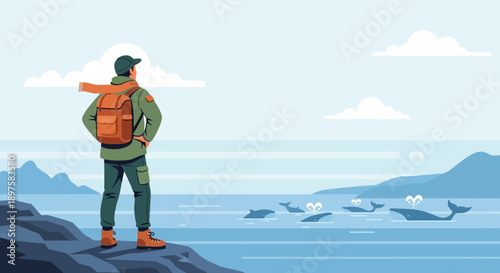 Adventurer Observing Whales In The Vast Ocean Waters
