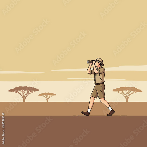 Adventurer Observing Wildlife Through Binoculars In African Savannah Landscape