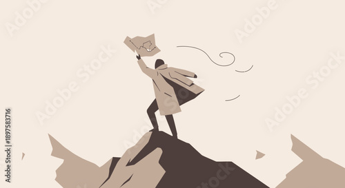 Adventurer Standing On Mountain Peak Holding Map In Gusty Wind