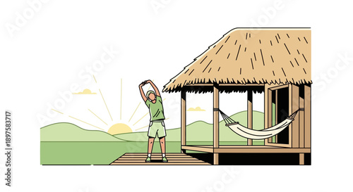 Active Morning Stretch By Tropical Hut Sunrise Serene Landscape