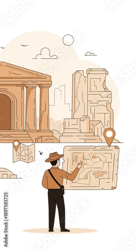 Adventurer Studying Ancient Maps Near Historical Landmark Discovering Hidden Treasures