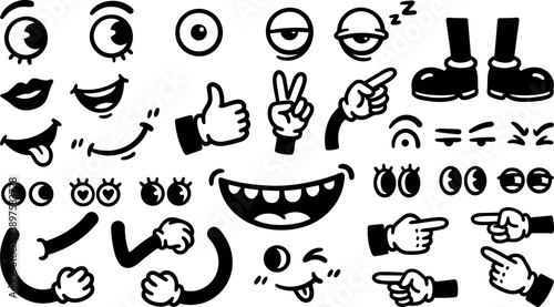 Black and white cartoon style expressive face parts with hands and legs showing different emotions and gestures in vector format