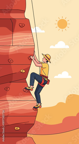 Active Person Ascends Rocky Cliff Face Under Bright Sunny Sky