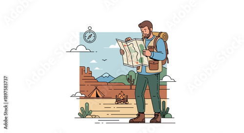 Adventurer Studying A Map In The Wilderness