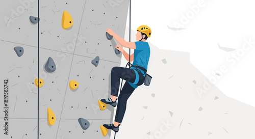 Active Person Ascending Indoor Climbing Wall With Safety Gear