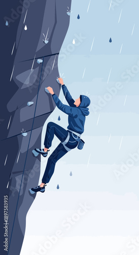 Adventurous Climber Ascends Rocky Wall During Gentle Rainstorm Adventure